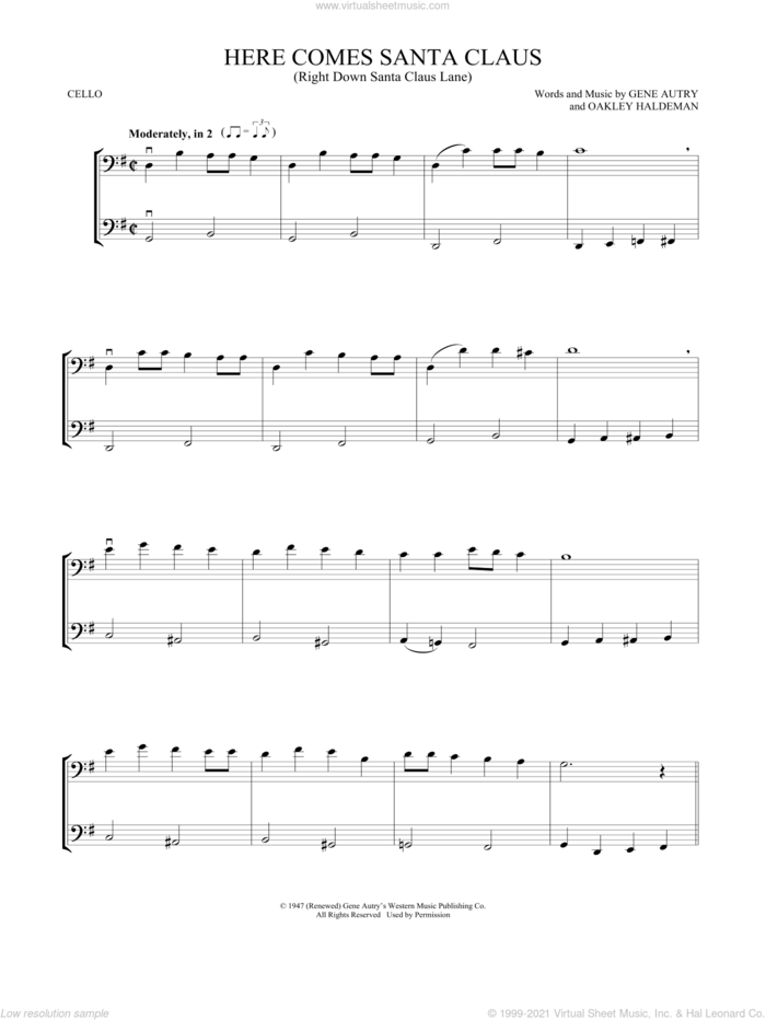 Here Comes Santa Claus (Right Down Santa Claus Lane) sheet music for two cellos (duet, duets) by Gene Autry and Oakley Haldeman, intermediate skill level