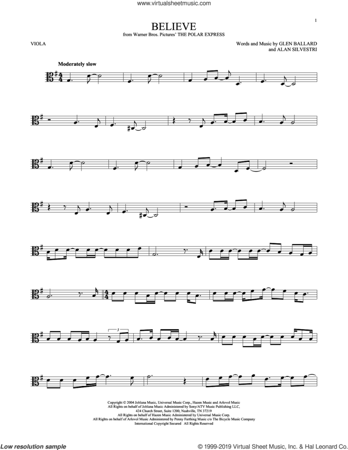 Believe (from The Polar Express) sheet music for viola solo by Josh Groban, Alan Silvestri and Glen Ballard, intermediate skill level