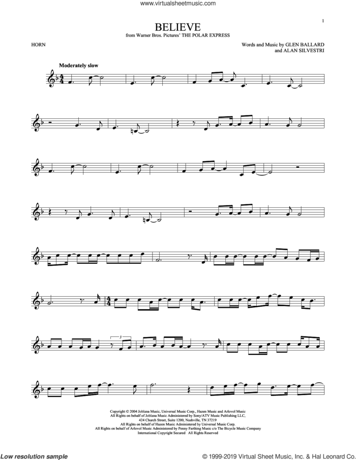 Believe (from The Polar Express) sheet music for horn solo by Josh Groban, Alan Silvestri and Glen Ballard, intermediate skill level