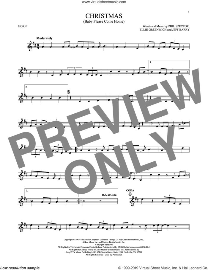 Christmas (Baby Please Come Home) sheet music for horn solo by Mariah Carey, Ellie Greenwich, Jeff Barry and Phil Spector, intermediate skill level