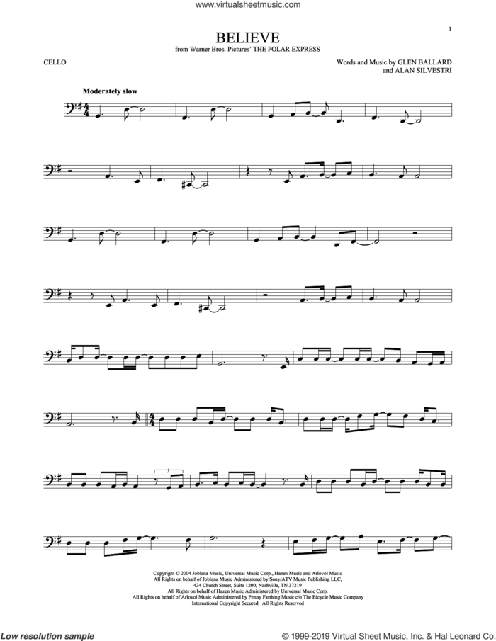 Believe (from The Polar Express) sheet music for cello solo by Josh Groban, Alan Silvestri and Glen Ballard, intermediate skill level