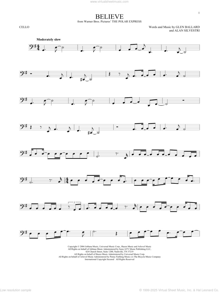 Believe (from The Polar Express) sheet music for cello solo by Josh Groban, Alan Silvestri and Glen Ballard, intermediate skill level