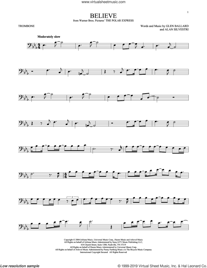 Believe (from The Polar Express) sheet music for trombone solo by Josh Groban, Alan Silvestri and Glen Ballard, intermediate skill level