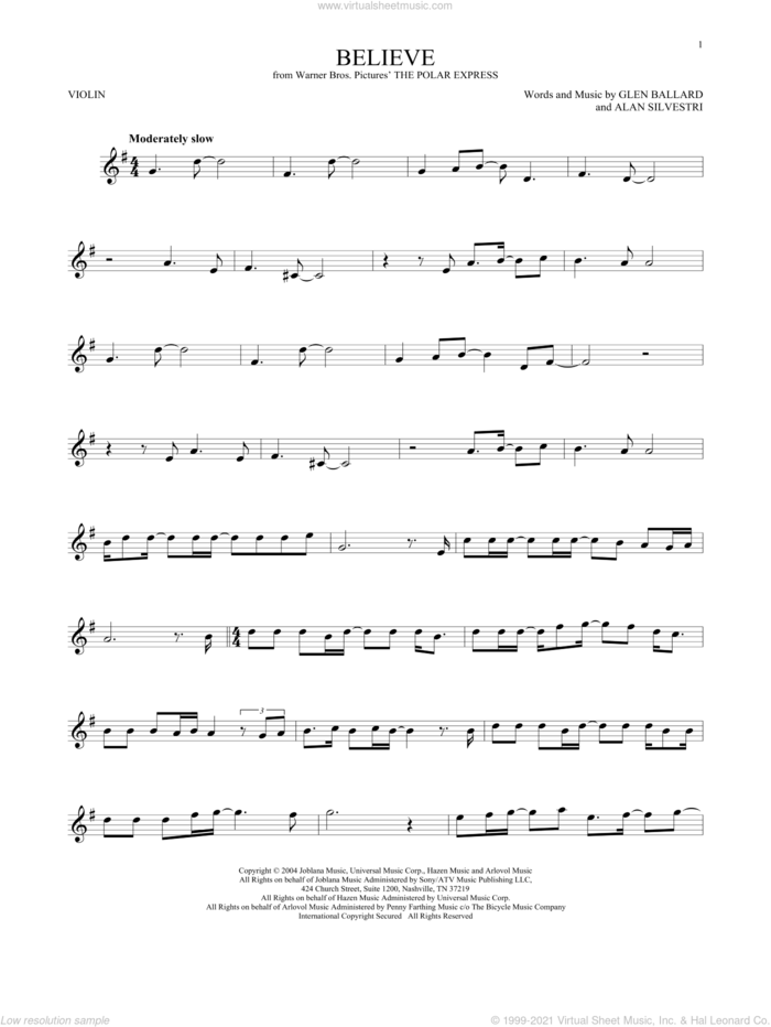 Believe (from The Polar Express) sheet music for violin solo by Josh Groban, Alan Silvestri and Glen Ballard, intermediate skill level