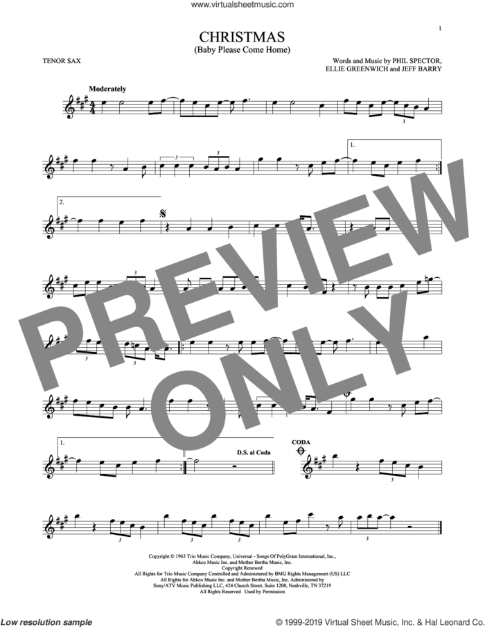 Christmas (Baby Please Come Home) sheet music for tenor saxophone solo by Mariah Carey, Ellie Greenwich, Jeff Barry and Phil Spector, intermediate skill level