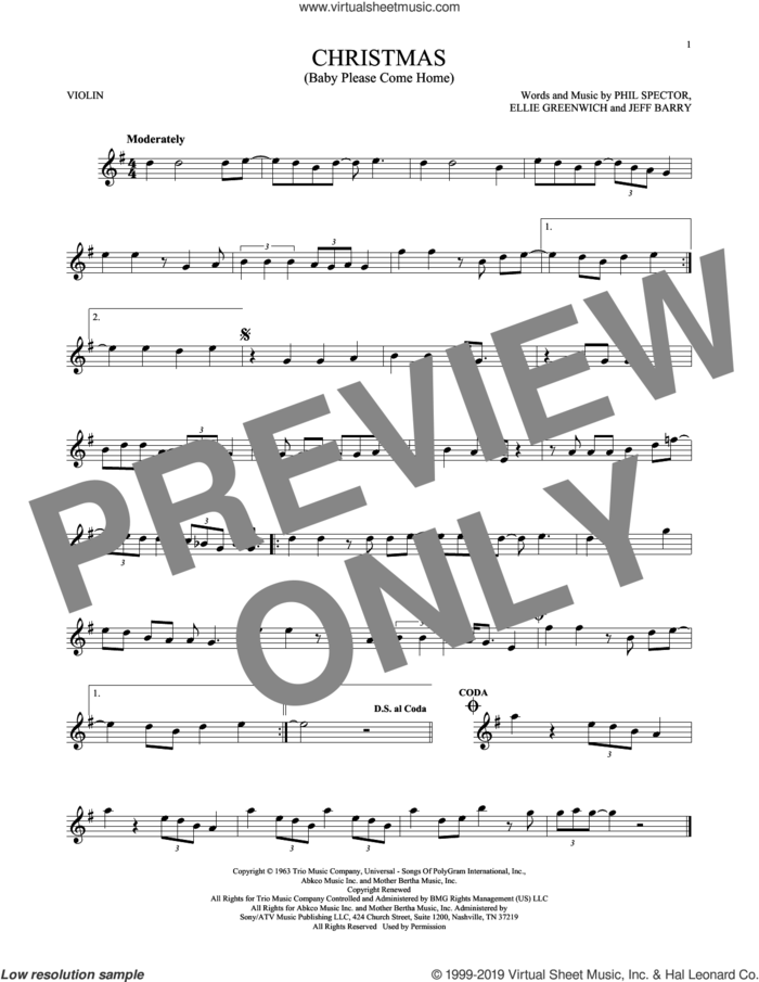Christmas (Baby Please Come Home) sheet music for violin solo by Mariah Carey, Ellie Greenwich, Jeff Barry and Phil Spector, intermediate skill level
