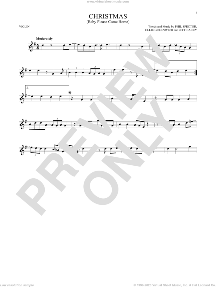 Christmas (Baby Please Come Home) sheet music for violin solo by Mariah Carey, Ellie Greenwich, Jeff Barry and Phil Spector, intermediate skill level