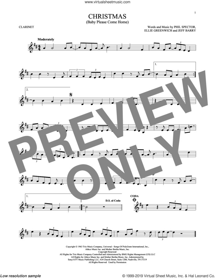Christmas (Baby Please Come Home) sheet music for clarinet solo by Mariah Carey, Ellie Greenwich, Jeff Barry and Phil Spector, intermediate skill level