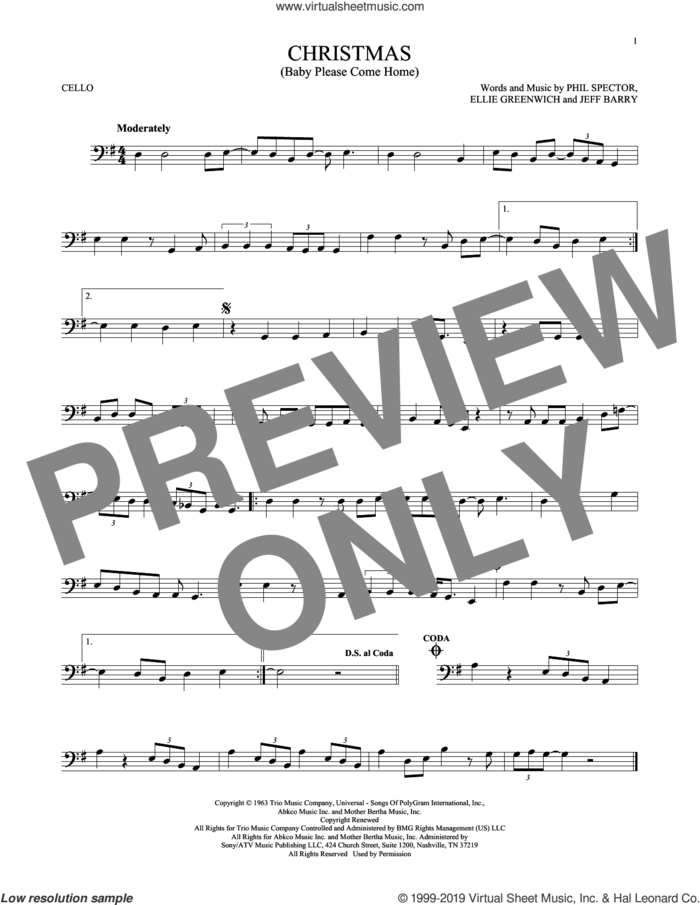 Christmas (Baby Please Come Home) sheet music for cello solo by Mariah Carey, Ellie Greenwich, Jeff Barry and Phil Spector, intermediate skill level