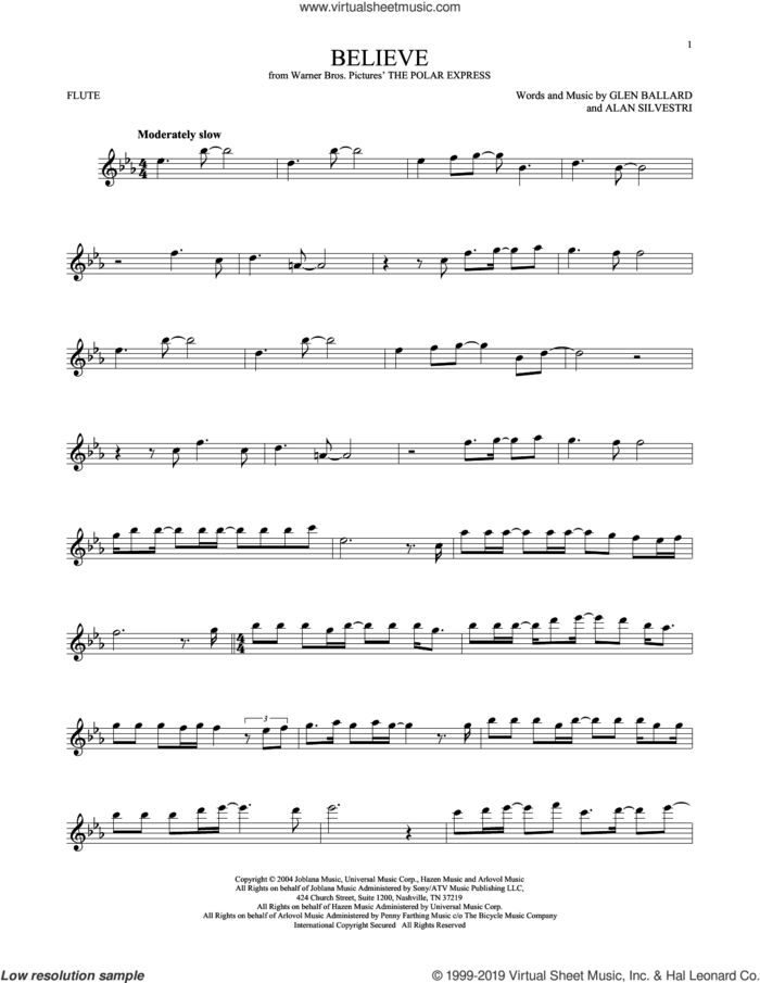 Believe (from The Polar Express) sheet music for flute solo by Josh Groban, Alan Silvestri and Glen Ballard, intermediate skill level