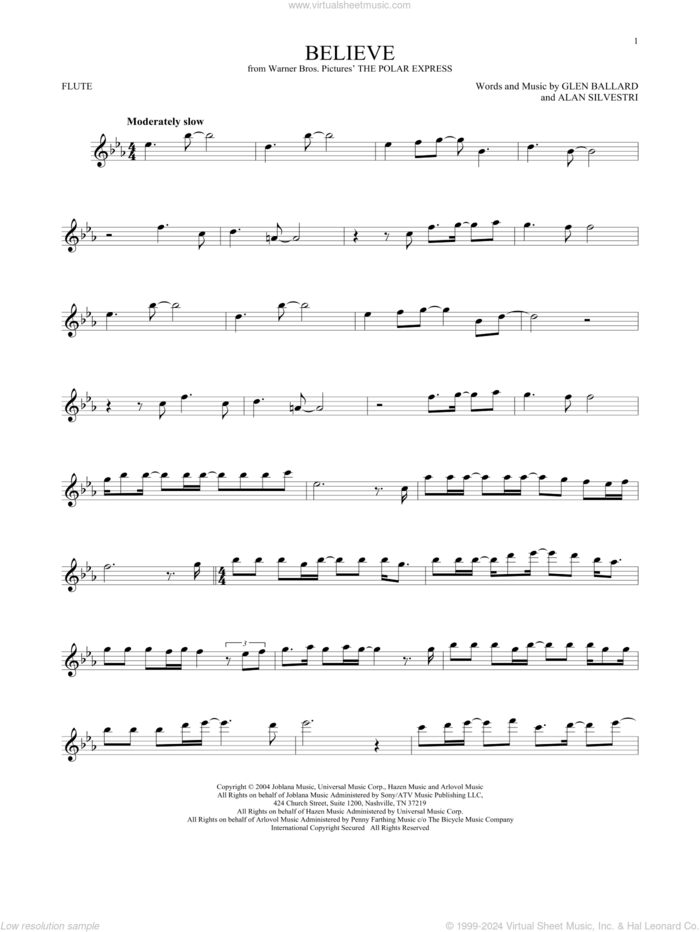 Believe (from The Polar Express) sheet music for flute solo by Josh Groban, Alan Silvestri and Glen Ballard, intermediate skill level