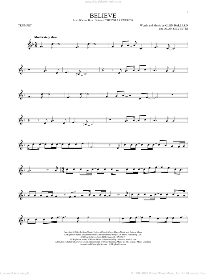 Believe (from The Polar Express) sheet music for trumpet solo by Josh Groban, Alan Silvestri and Glen Ballard, intermediate skill level