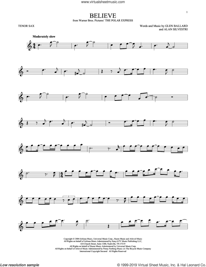 Believe (from The Polar Express) sheet music for tenor saxophone solo by Josh Groban, Alan Silvestri and Glen Ballard, intermediate skill level