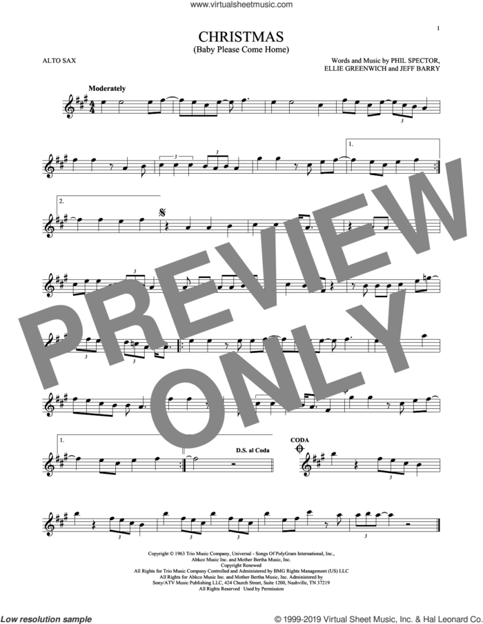 Christmas (Baby Please Come Home) sheet music for alto saxophone solo by Mariah Carey, Ellie Greenwich, Jeff Barry and Phil Spector, intermediate skill level