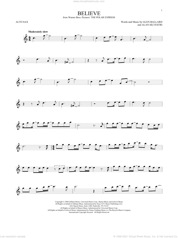 Believe (from The Polar Express) sheet music for alto saxophone solo by Josh Groban, Alan Silvestri and Glen Ballard, intermediate skill level