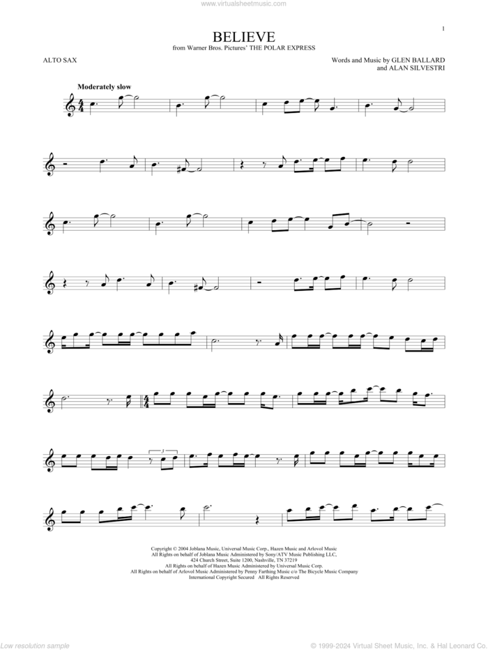 Believe (from The Polar Express) sheet music for alto saxophone solo by Josh Groban, Alan Silvestri and Glen Ballard, intermediate skill level