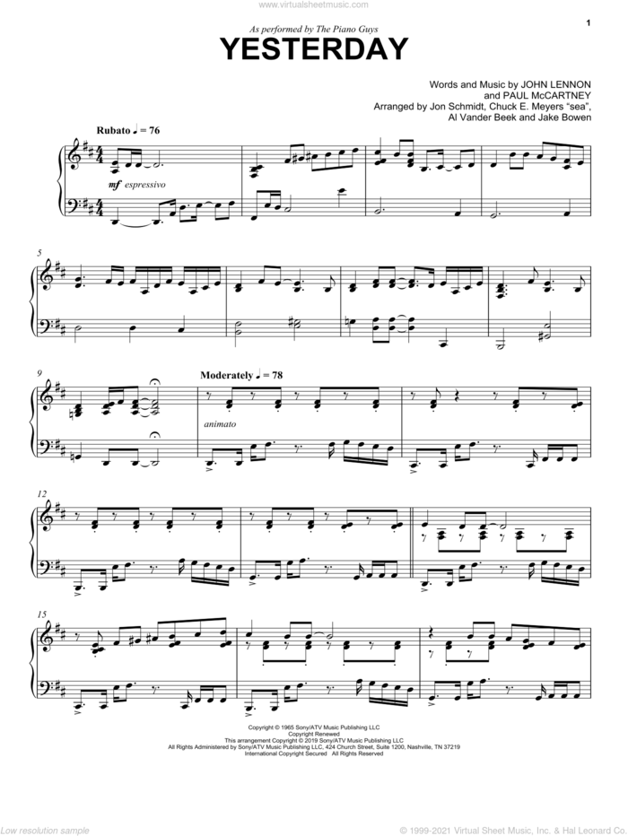Yesterday sheet music for piano solo by The Piano Guys, The Beatles, John Lennon and Paul McCartney, intermediate skill level