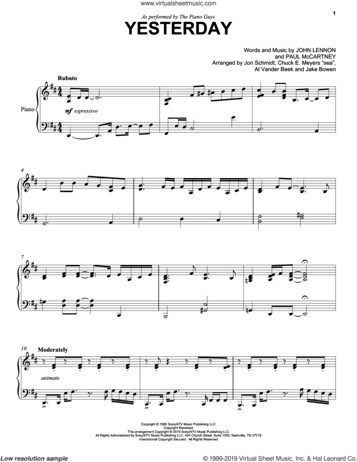 Yesterday sheet music for cello and piano by The Piano Guys, The Beatles, John Lennon and Paul McCartney, intermediate skill level