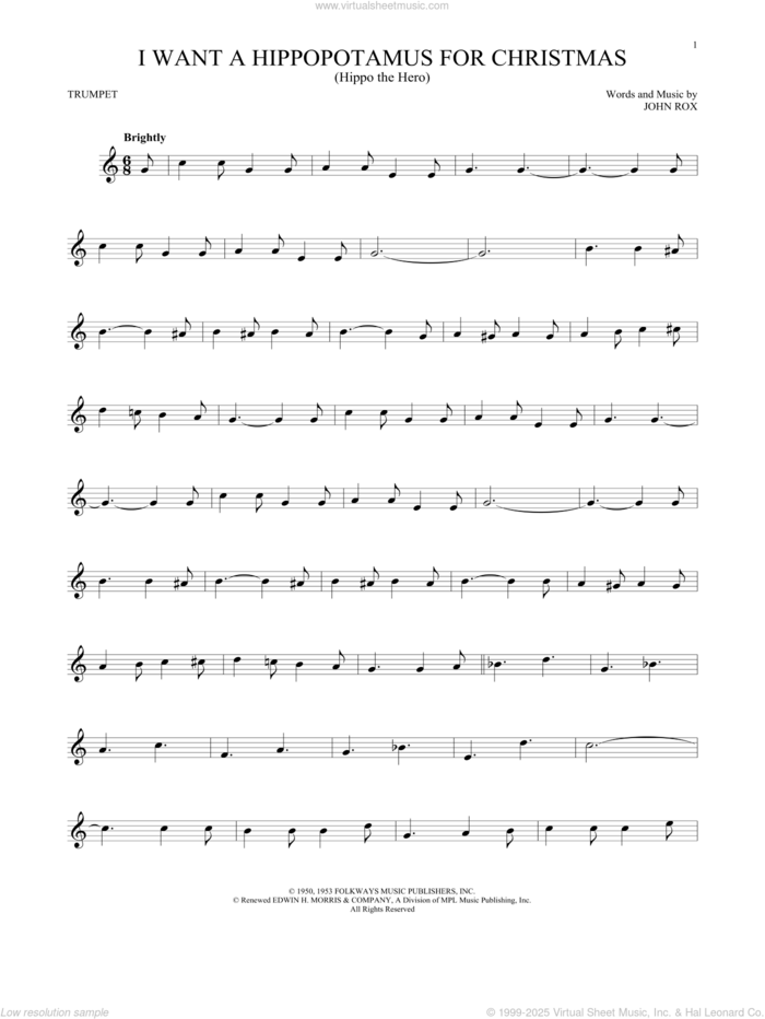 I Want A Hippopotamus For Christmas (Hippo The Hero) sheet music for trumpet solo by Gayla Peevey and John Rox, intermediate skill level