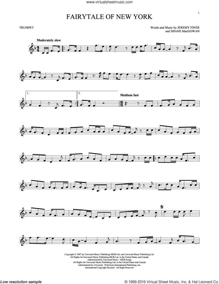 Fairytale Of New York sheet music for trumpet solo by The Pogues & Kirsty MacColl, Jeremy Finer and Shane MacGowan, intermediate skill level