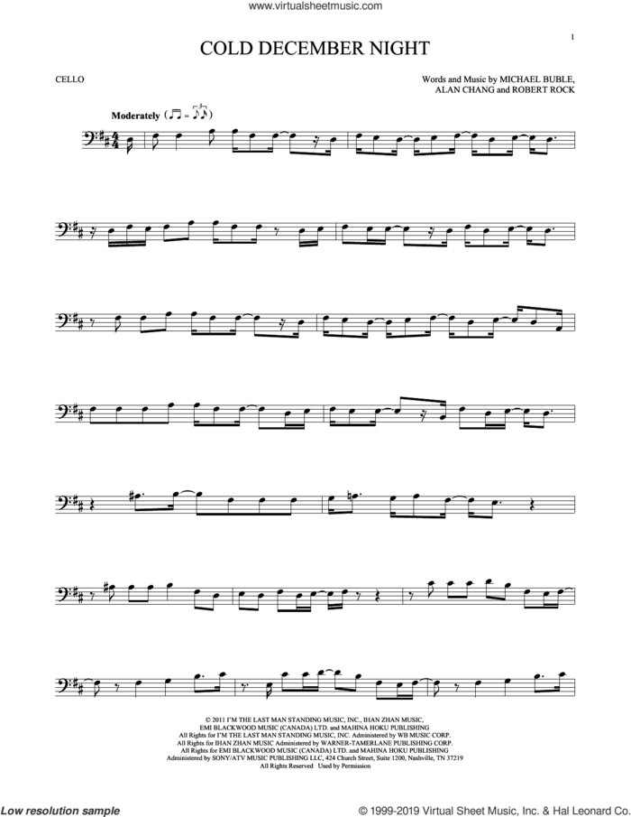 Cold December Night sheet music for cello solo by Michael Buble, Alan Chang and Robert Rock, intermediate skill level
