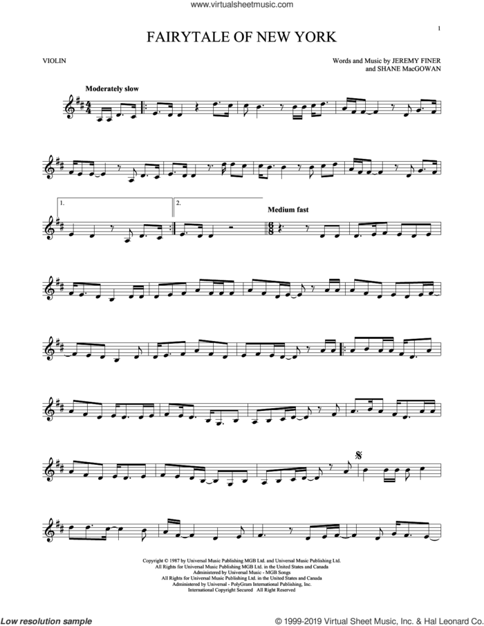Fairytale Of New York sheet music for violin solo by The Pogues & Kirsty MacColl, Jeremy Finer and Shane MacGowan, intermediate skill level