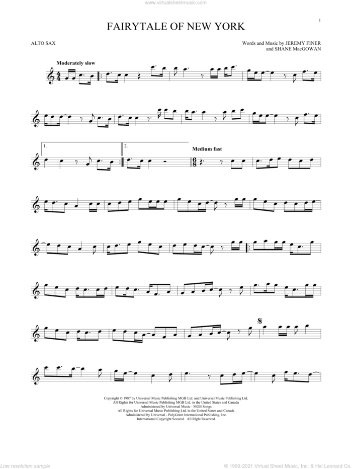 Fairytale Of New York sheet music for alto saxophone solo by The Pogues & Kirsty MacColl, Jeremy Finer and Shane MacGowan, intermediate skill level