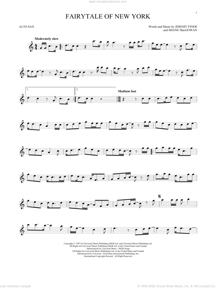 Fairytale Of New York sheet music for alto saxophone solo by The Pogues & Kirsty MacColl, Jeremy Finer and Shane MacGowan, intermediate skill level