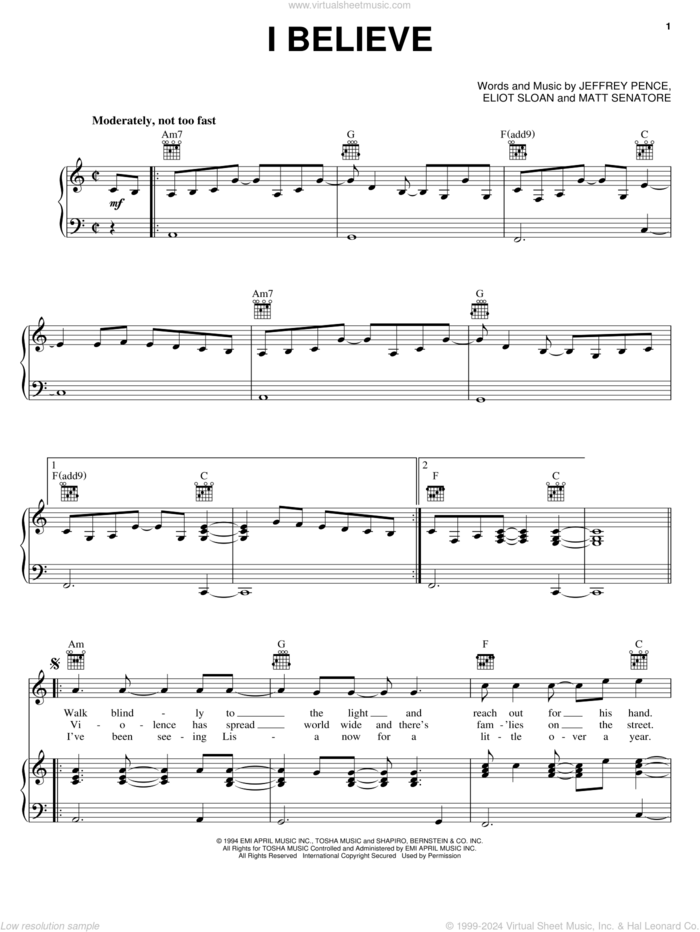 I Believe sheet music for voice, piano or guitar by Blessid Union Of Souls, Eliot Sloan, Jeffrey Pence and Matt Senatore, intermediate skill level