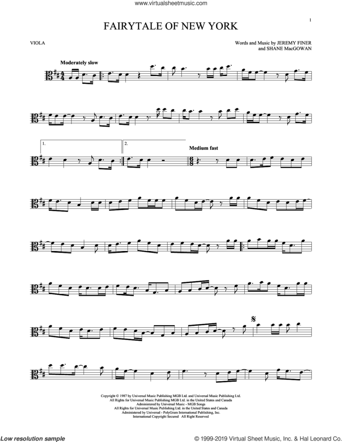 Fairytale Of New York sheet music for viola solo by The Pogues & Kirsty MacColl, Jeremy Finer and Shane MacGowan, intermediate skill level