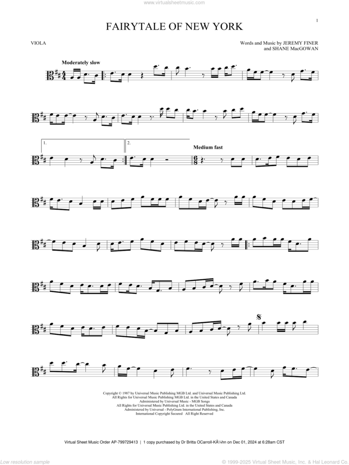 Fairytale Of New York sheet music for viola solo by The Pogues & Kirsty MacColl, Jeremy Finer and Shane MacGowan, intermediate skill level