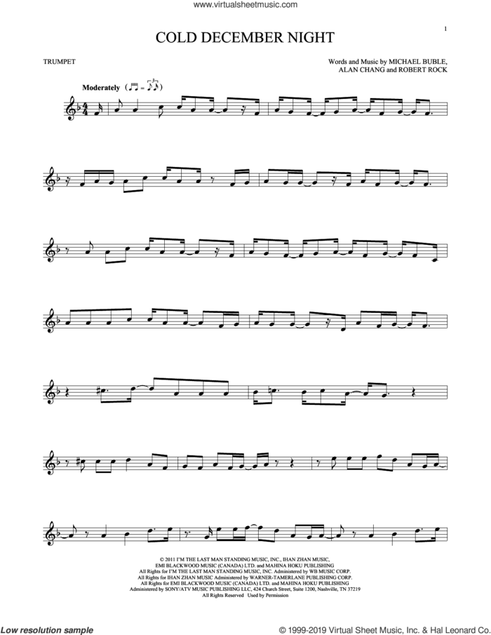 Cold December Night sheet music for trumpet solo by Michael Buble, Alan Chang and Robert Rock, intermediate skill level