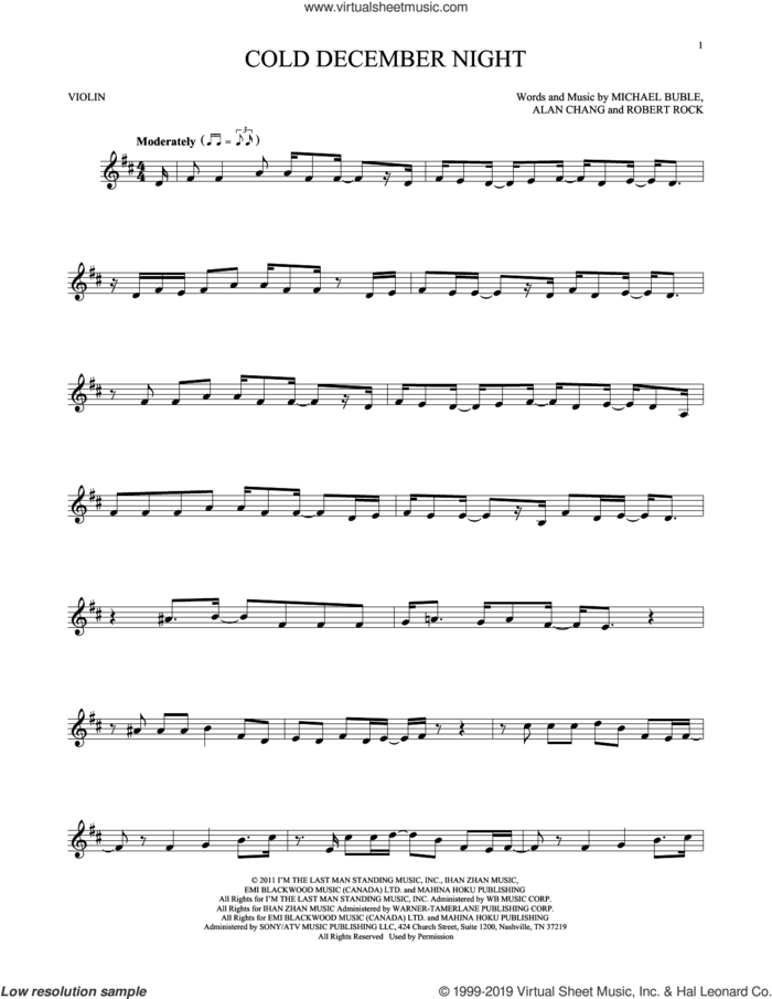 Cold December Night sheet music for violin solo by Michael Buble, Alan Chang and Robert Rock, intermediate skill level