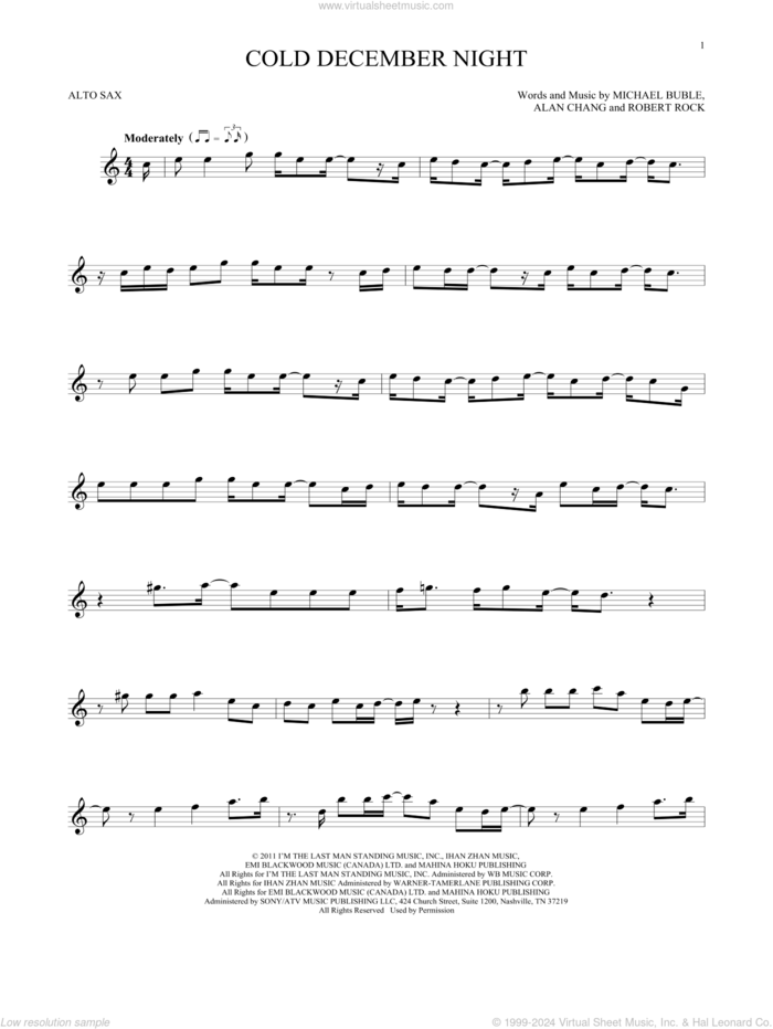 Cold December Night sheet music for alto saxophone solo by Michael Buble, Alan Chang and Robert Rock, intermediate skill level