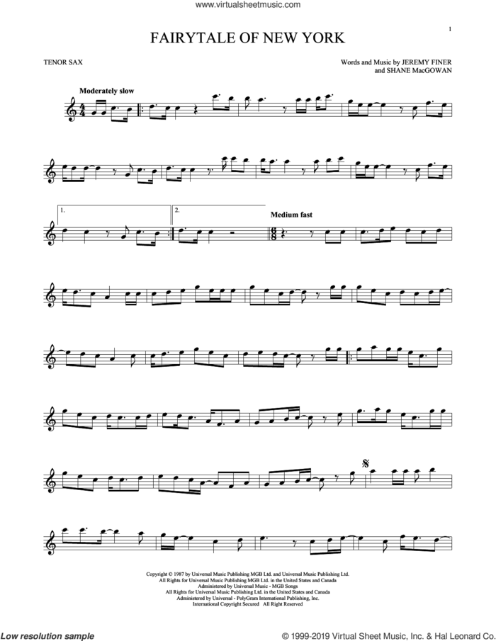Fairytale Of New York sheet music for tenor saxophone solo by The Pogues & Kirsty MacColl, Jeremy Finer and Shane MacGowan, intermediate skill level
