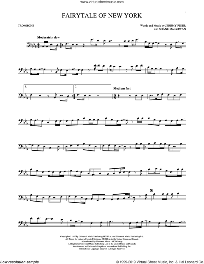 Fairytale Of New York sheet music for trombone solo by The Pogues & Kirsty MacColl, Jeremy Finer and Shane MacGowan, intermediate skill level