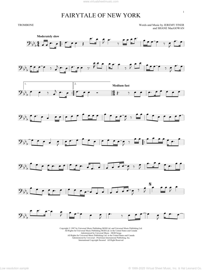 Fairytale Of New York sheet music for trombone solo by The Pogues & Kirsty MacColl, Jeremy Finer and Shane MacGowan, intermediate skill level