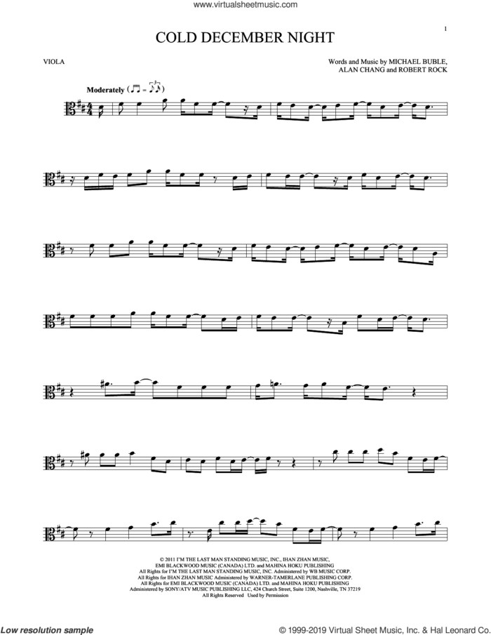 Cold December Night sheet music for viola solo by Michael Buble, Alan Chang and Robert Rock, intermediate skill level