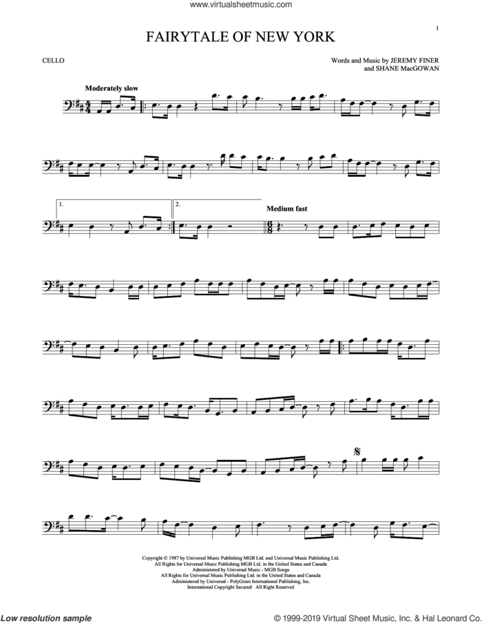 Fairytale Of New York sheet music for cello solo by The Pogues & Kirsty MacColl, Jeremy Finer and Shane MacGowan, intermediate skill level