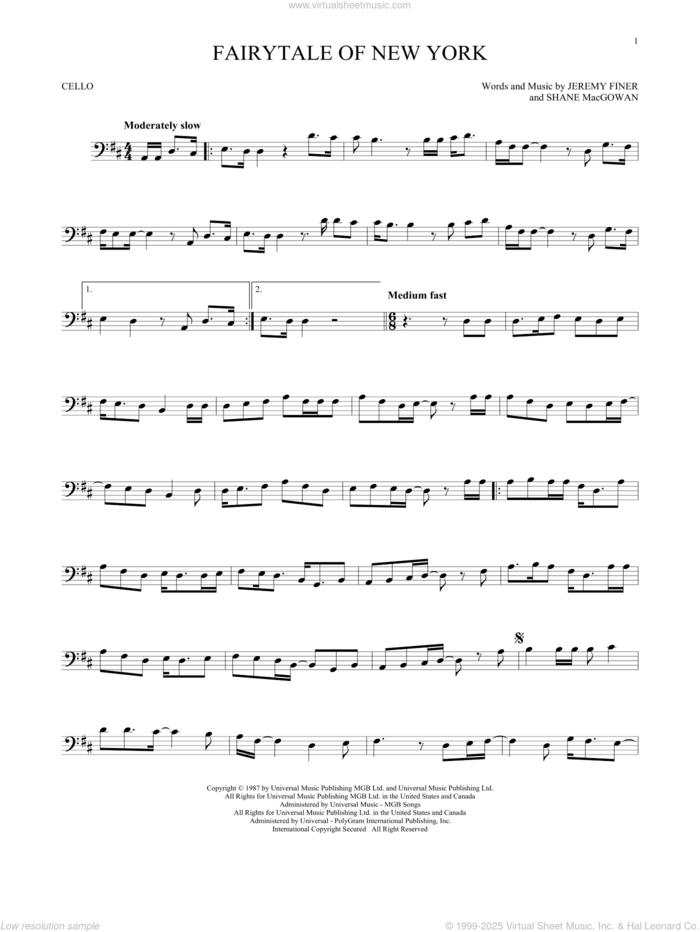 Fairytale Of New York sheet music for cello solo by The Pogues & Kirsty MacColl, Jeremy Finer and Shane MacGowan, intermediate skill level