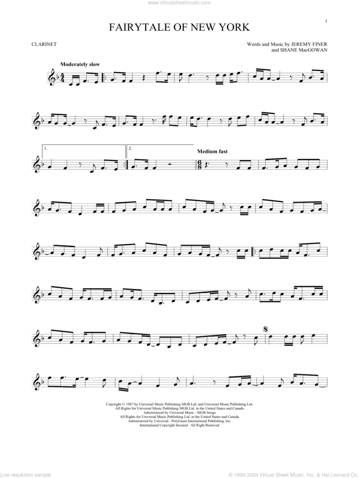 Fairytale Of New York sheet music for clarinet solo by The Pogues & Kirsty MacColl, Jeremy Finer and Shane MacGowan, intermediate skill level