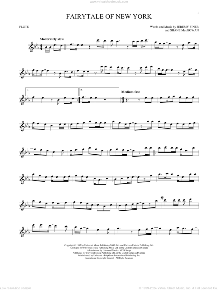 Fairytale Of New York sheet music for flute solo by The Pogues & Kirsty MacColl, Jeremy Finer and Shane MacGowan, intermediate skill level