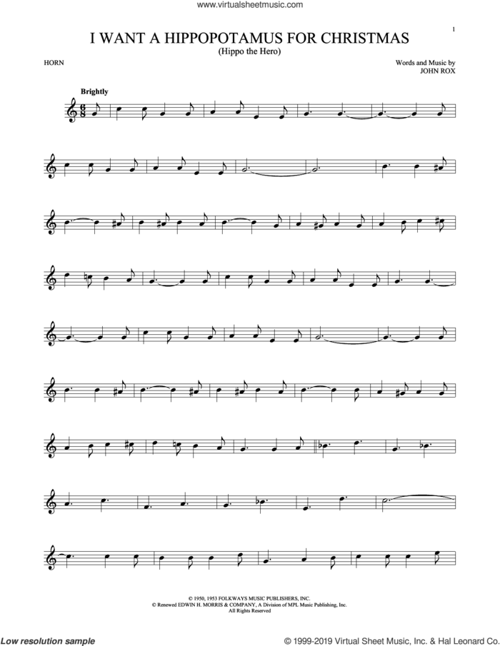 I Want A Hippopotamus For Christmas (Hippo The Hero) sheet music for horn solo by Gayla Peevey and John Rox, intermediate skill level