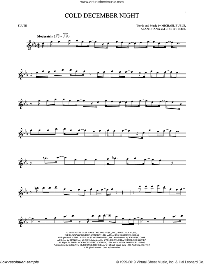 Cold December Night sheet music for flute solo by Michael Buble, Alan Chang and Robert Rock, intermediate skill level