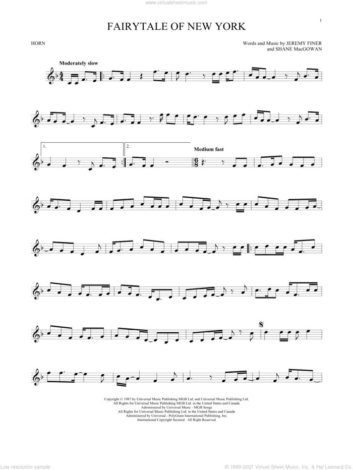 Fairytale Of New York sheet music for horn solo by The Pogues & Kirsty MacColl, Jeremy Finer and Shane MacGowan, intermediate skill level