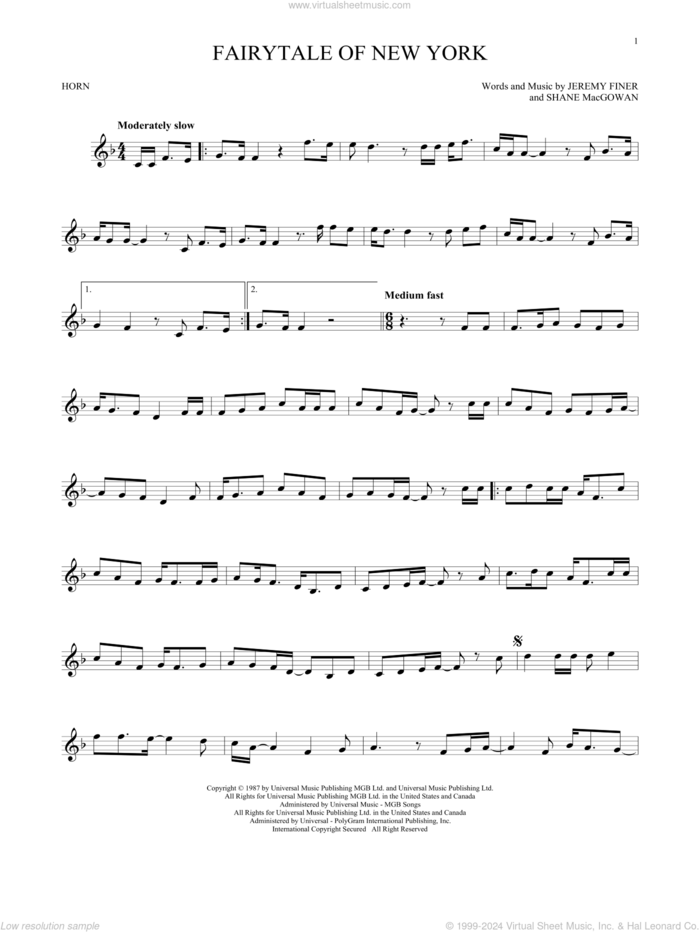 Fairytale Of New York sheet music for horn solo by The Pogues & Kirsty MacColl, Jeremy Finer and Shane MacGowan, intermediate skill level