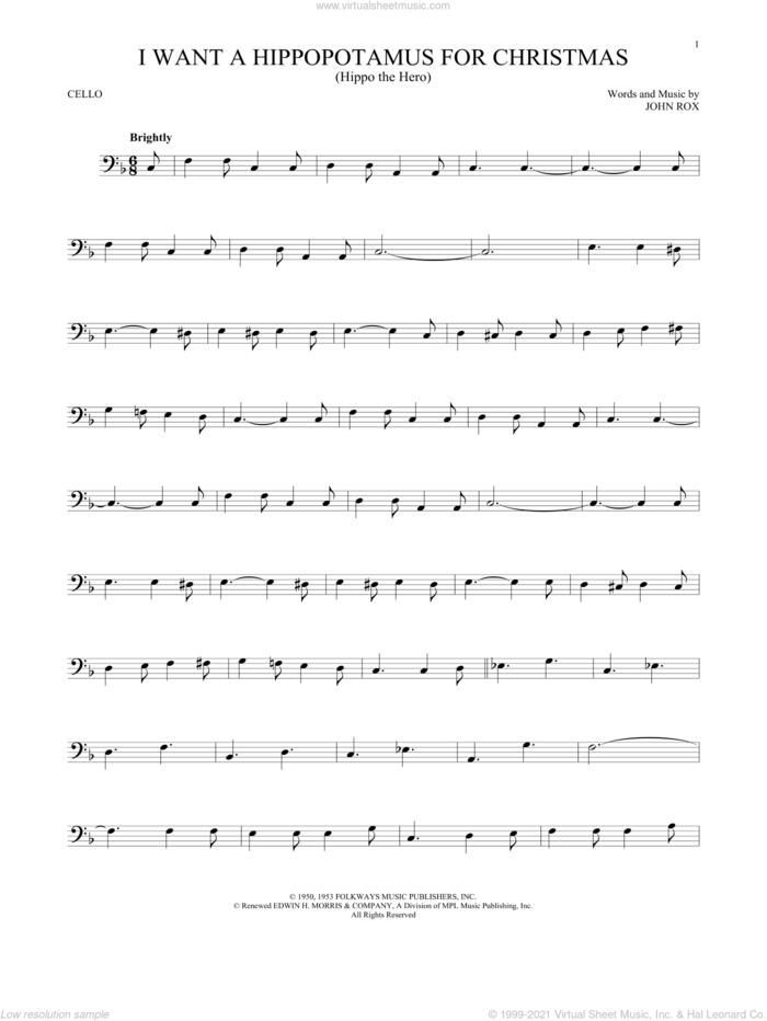 I Want A Hippopotamus For Christmas (Hippo The Hero) sheet music for cello solo by Gayla Peevey and John Rox, intermediate skill level
