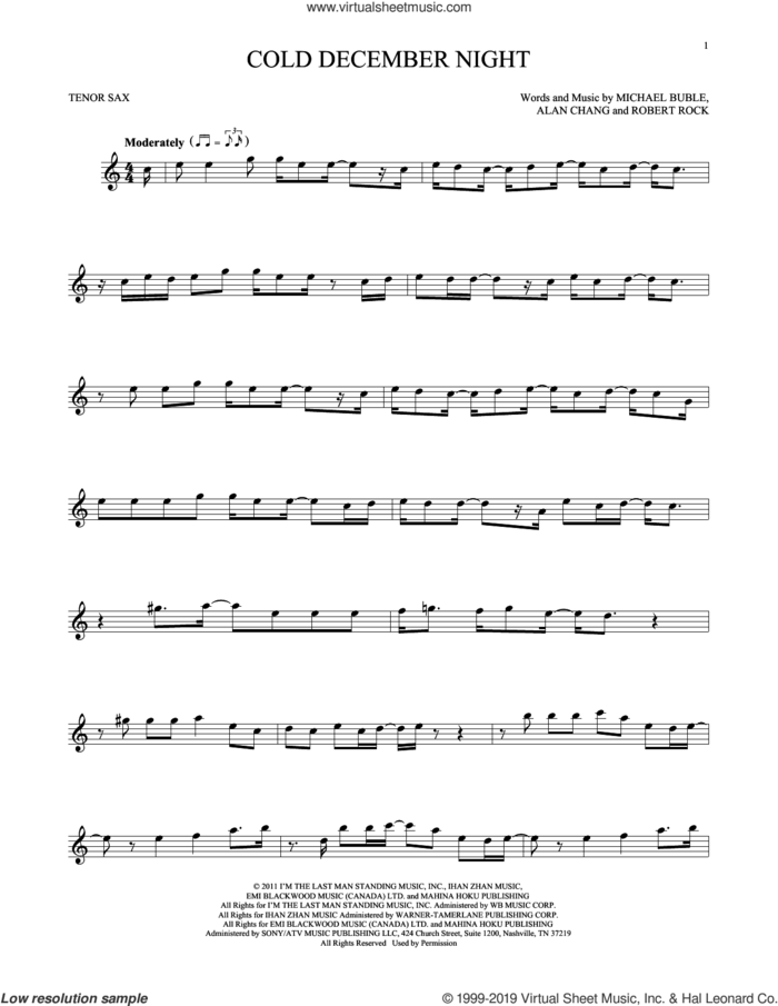 Cold December Night sheet music for tenor saxophone solo by Michael Buble, Alan Chang and Robert Rock, intermediate skill level