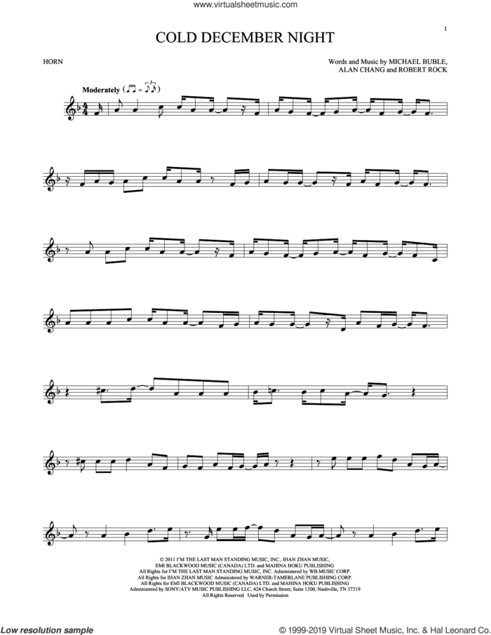 Cold December Night sheet music for horn solo by Michael Buble, Alan Chang and Robert Rock, intermediate skill level