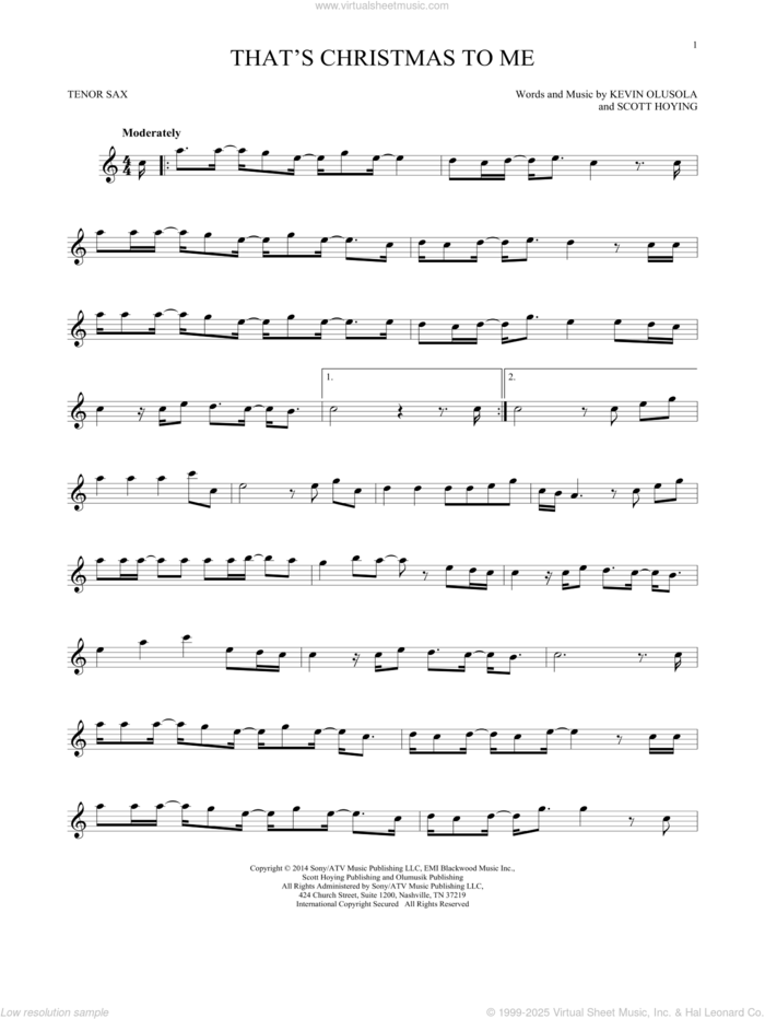 That's Christmas To Me sheet music for tenor saxophone solo by Pentatonix, Kevin Olusola and Scott Hoying, intermediate skill level